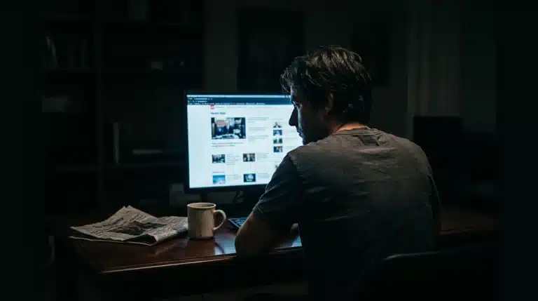 A person viewing a fragmented news feed on a computer screen, illuminated by dramatic chiaroscuro lighting, emphasizing the isolation of algorithmic information consumption.