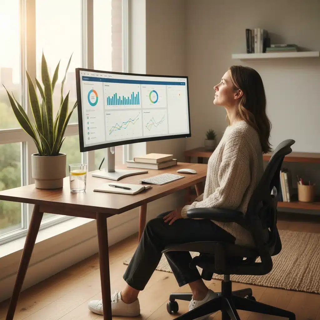 Modern home office with person taking a mindful break from screen, emphasizing productivity and digital health.