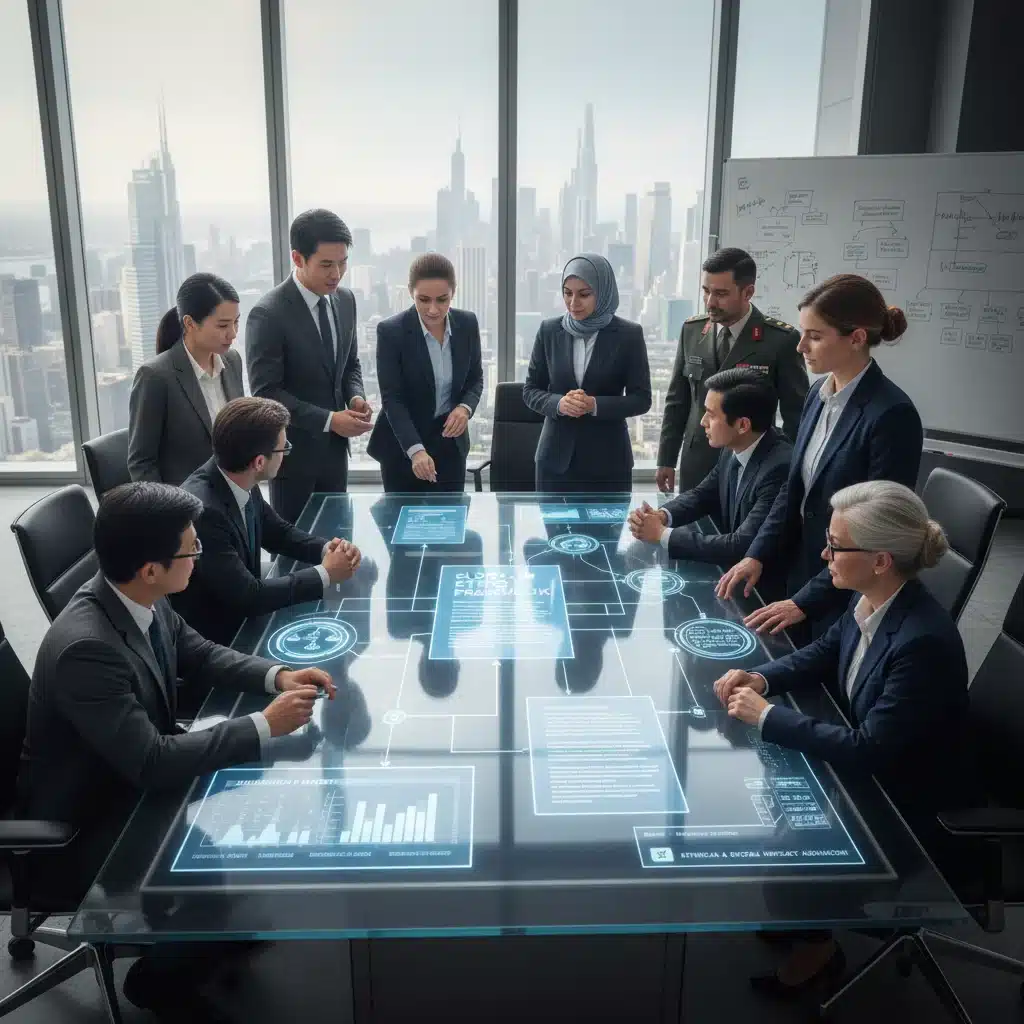 Diverse professionals collaborating on AI policy and ethics guidelines.