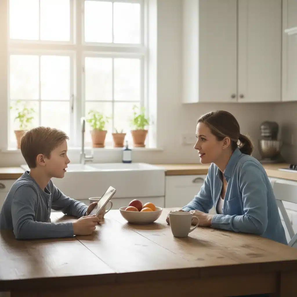 Parent and child having an open conversation about online experiences and digital well-being.
