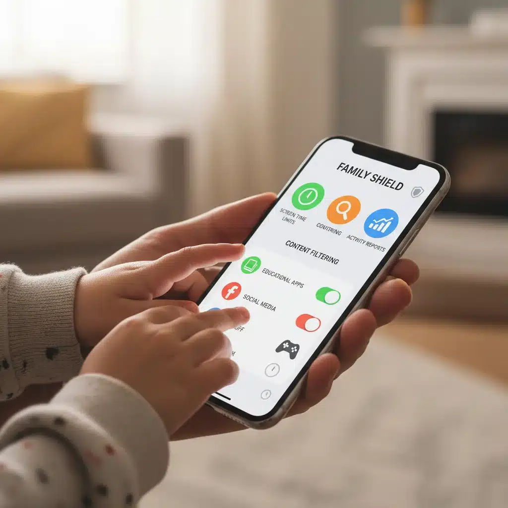 Parental control app interface demonstrating screen time limits and content filtering.
