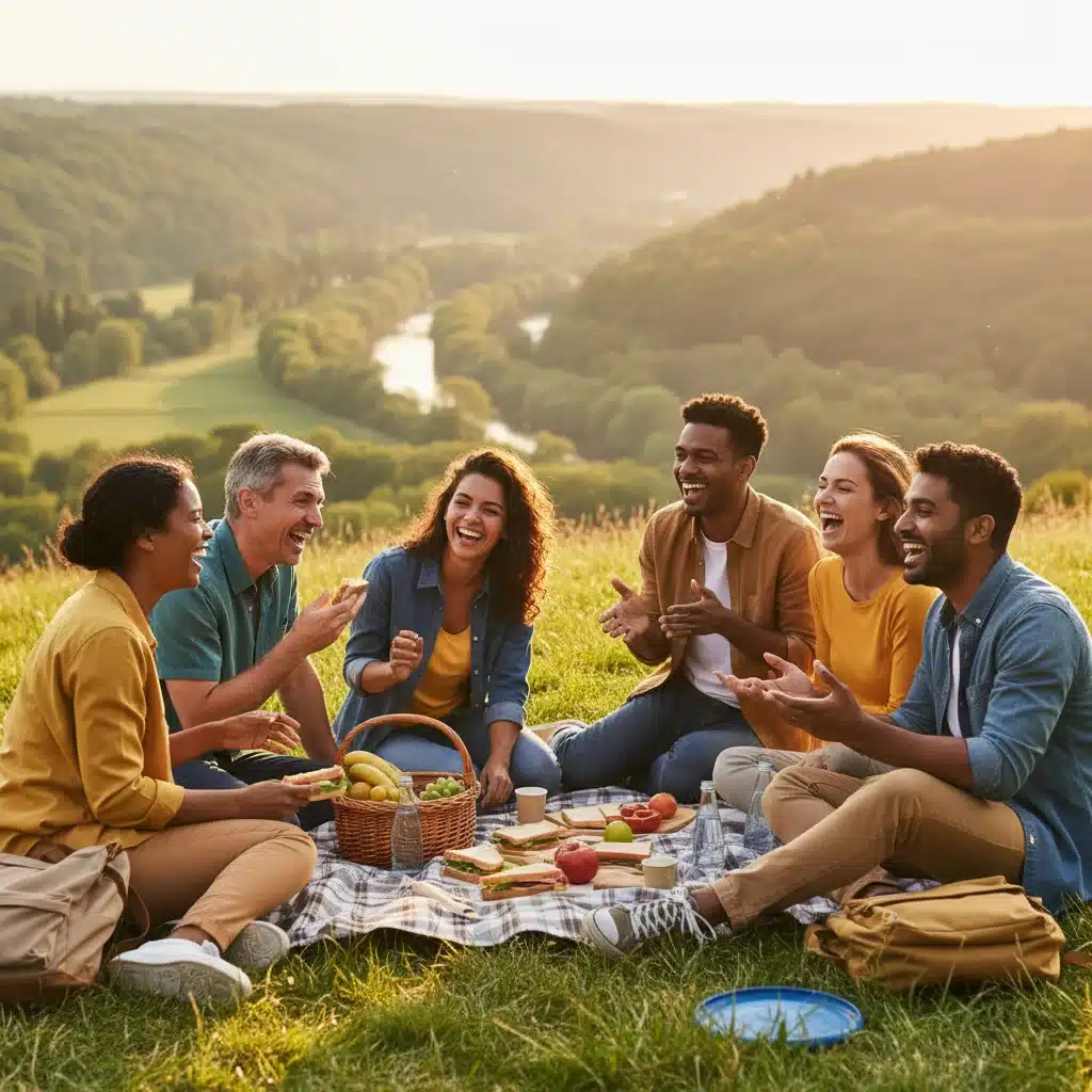 Friends enjoying outdoor activities, connecting in real life, promoting social interaction over screen time.