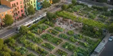 Vibrant community garden in an urban area, symbolizing food access success.