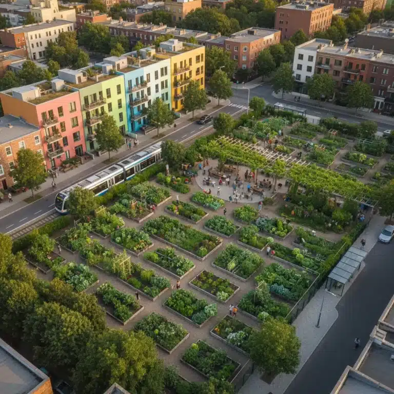 Vibrant community garden in an urban area, symbolizing food access success.