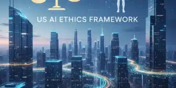 Futuristic cityscape with data flows and ethical symbols representing US AI ethics framework.