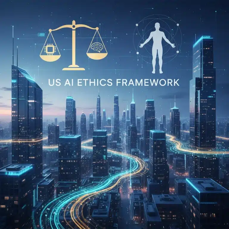 Futuristic cityscape with data flows and ethical symbols representing US AI ethics framework.
