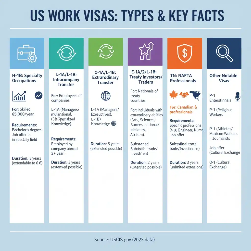 Infographic showing various US work visa categories and requirements