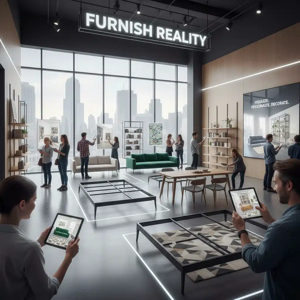 Shoppers using augmented reality to visualize furniture in a retail showroom.