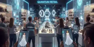 Customers using augmented reality in a modern retail store to enhance their shopping experience.