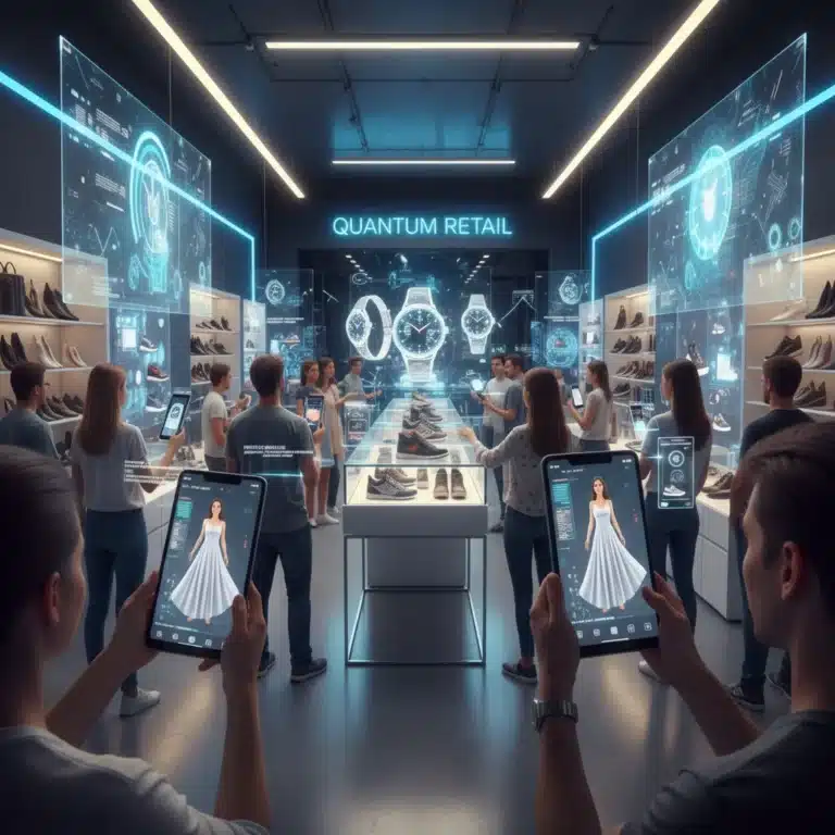 Customers using augmented reality in a modern retail store to enhance their shopping experience.