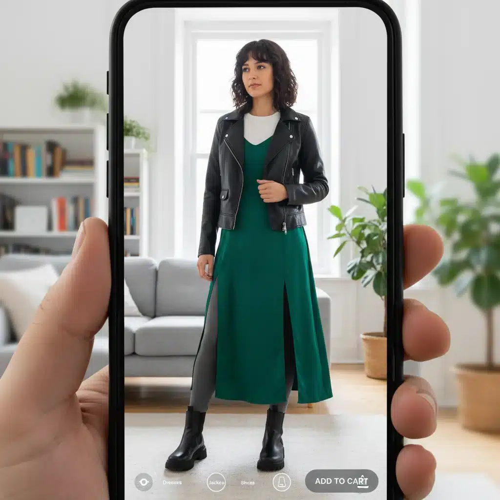 Smartphone showing augmented reality virtual try-on for clothing in a home setting.