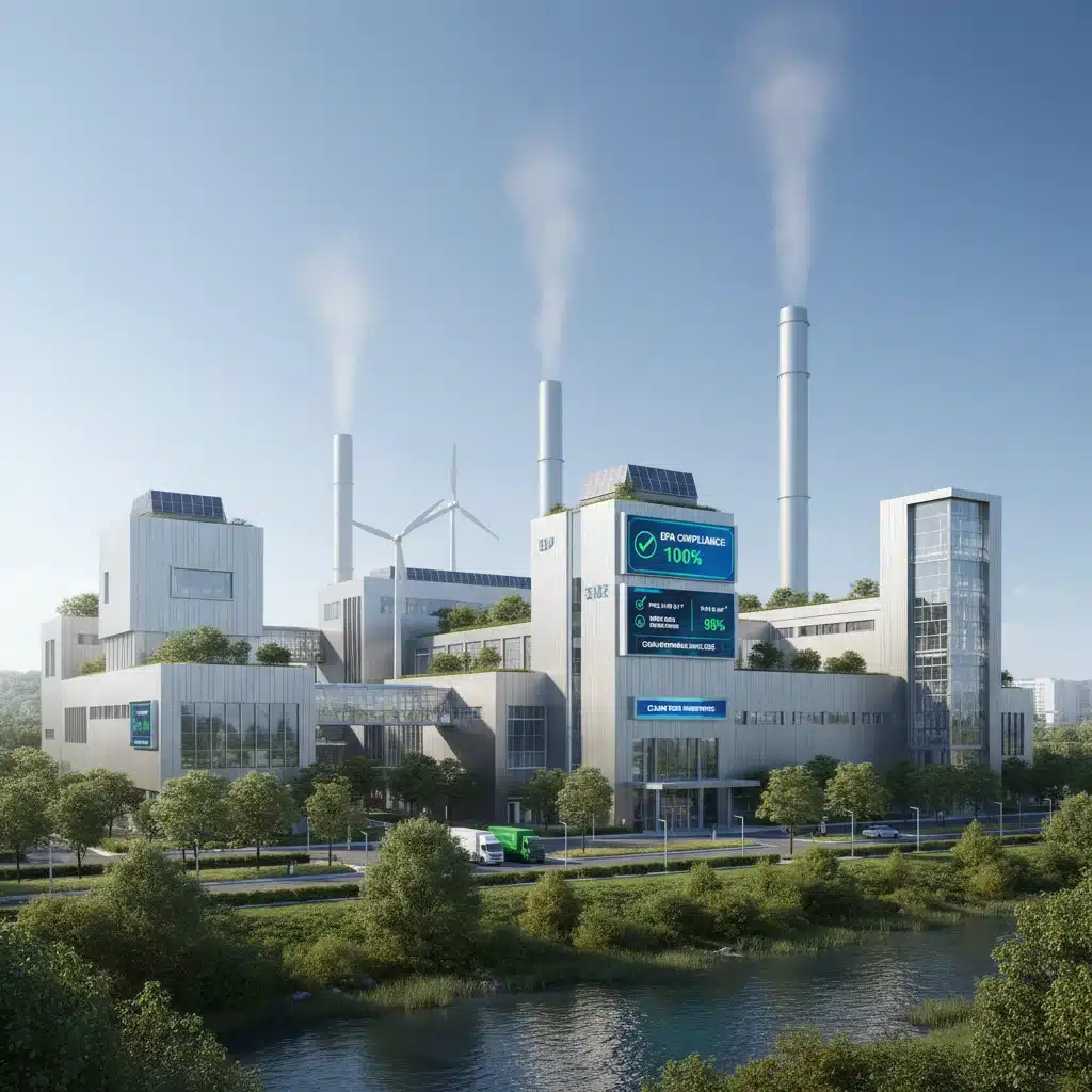 Modern factory with clean emissions and compliance data display, representing industrial adaptation to environmental regulations