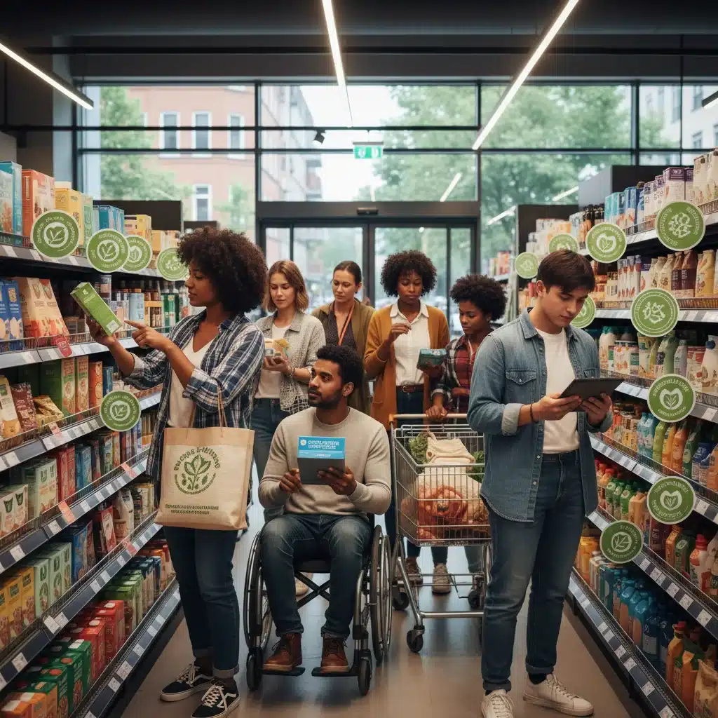 Consumers choosing eco-friendly products in a supermarket, demonstrating market shift due to environmental regulations