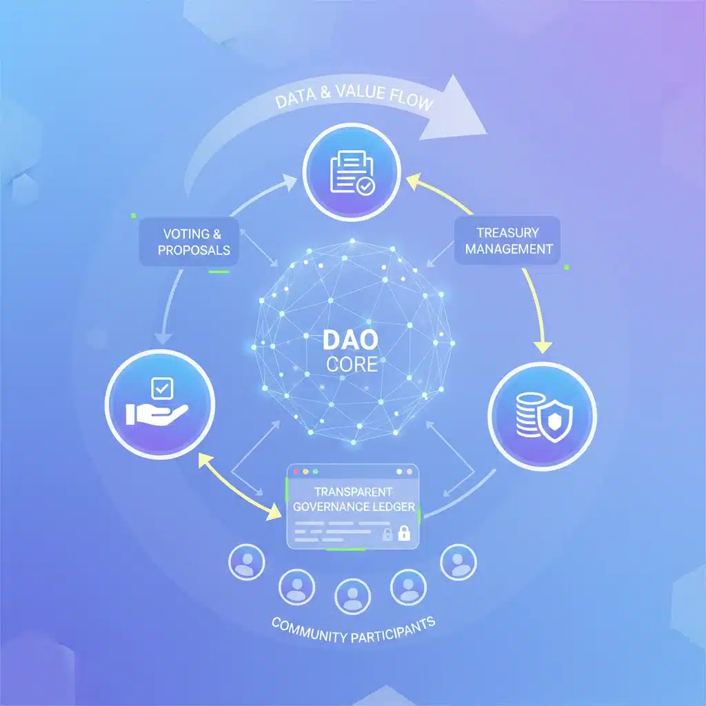 Infographic showing the structure and data flow of a decentralized autonomous organization (DAO).