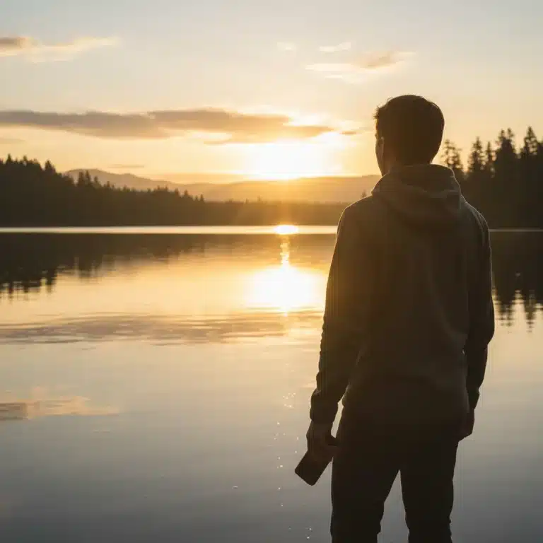 Sunrise over a lake with a person holding a phone, symbolizing digital detox and peace.