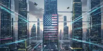 Futuristic digital cityscape with blockchain connections for US businesses in Web3.