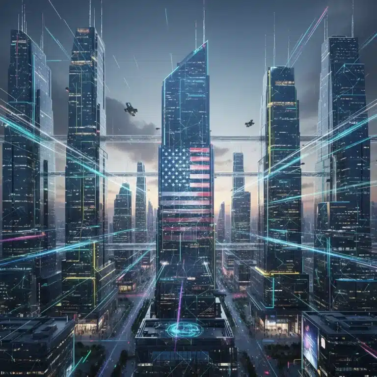 Futuristic digital cityscape with blockchain connections for US businesses in Web3.