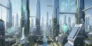 Futuristic green city with wind turbines and solar panels representing environmental regulations 2026