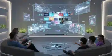 Futuristic streaming experience with holographic displays and top service logos