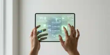 Close-up of hands interacting with a transparent tablet displaying fragmented news and social media feeds, highlighting the influence of digital platforms on information perception.