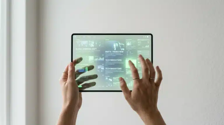 Close-up of hands interacting with a transparent tablet displaying fragmented news and social media feeds, highlighting the influence of digital platforms on information perception.