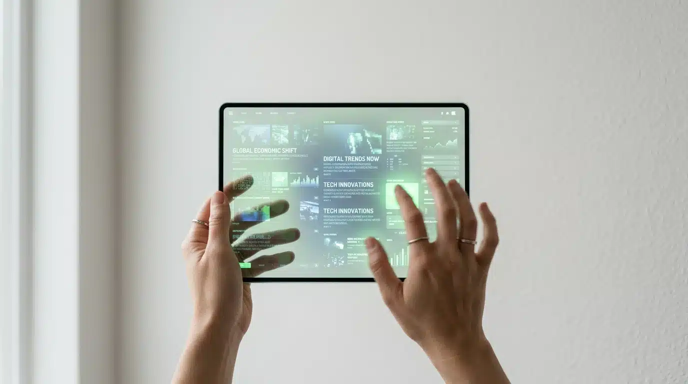 Close-up of hands interacting with a transparent tablet displaying fragmented news and social media feeds, highlighting the influence of digital platforms on information perception.