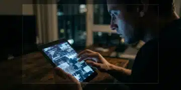 A person's face illuminated by a tablet screen displaying fragmented news, highlighting algorithmic influence on information perception.
