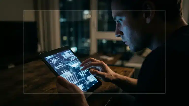 A person's face illuminated by a tablet screen displaying fragmented news, highlighting algorithmic influence on information perception.
