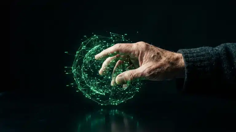 An older man's hand interacts with a glowing green holographic data projection above a dark obsidian desk, illustrating the shift to spatial computing.
