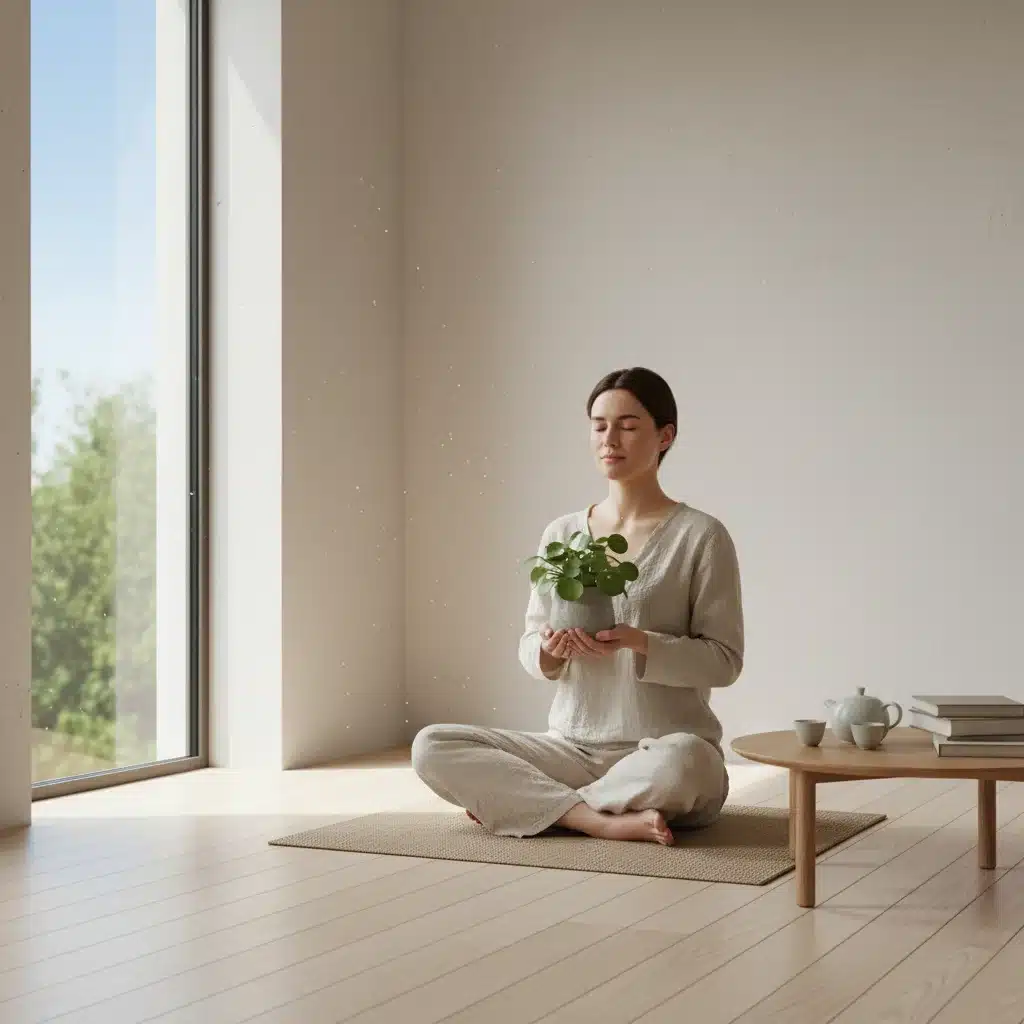 Person meditating in a minimalist room with a plant, symbolizing mindfulness after digital detox.