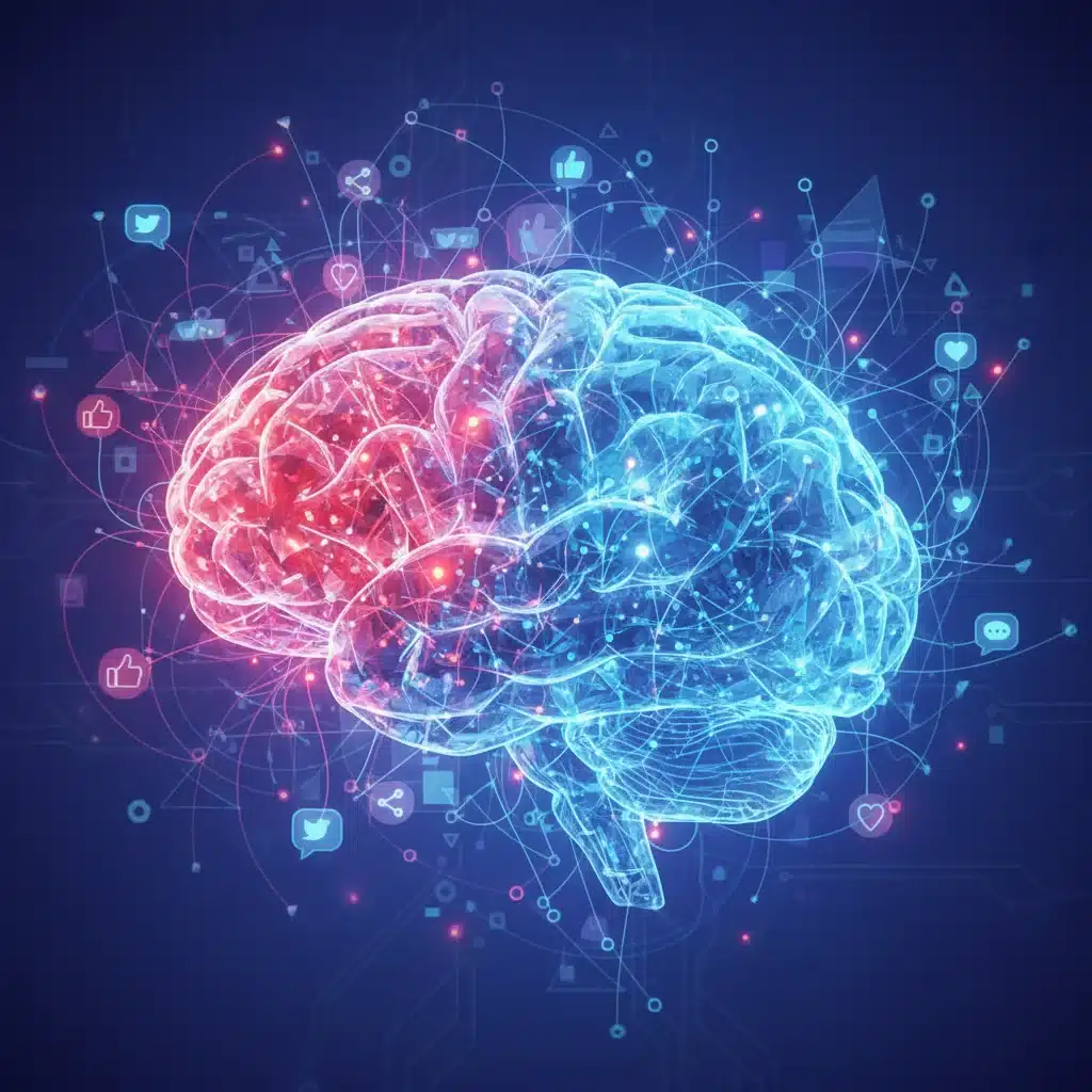 Brain with red and blue nodes, representing mental health states influenced by digital interactions.
