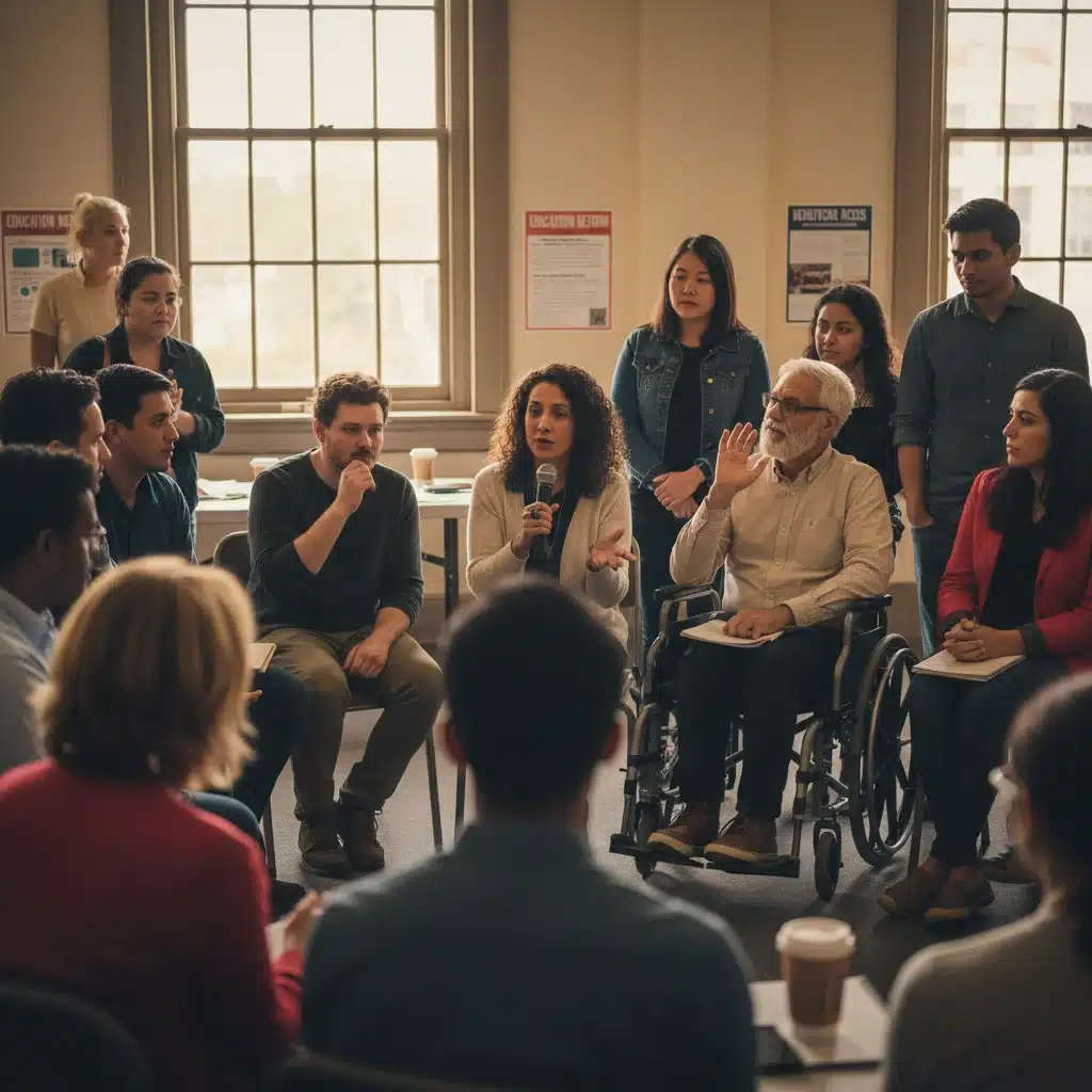 Diverse group discussing political policy and civic engagement