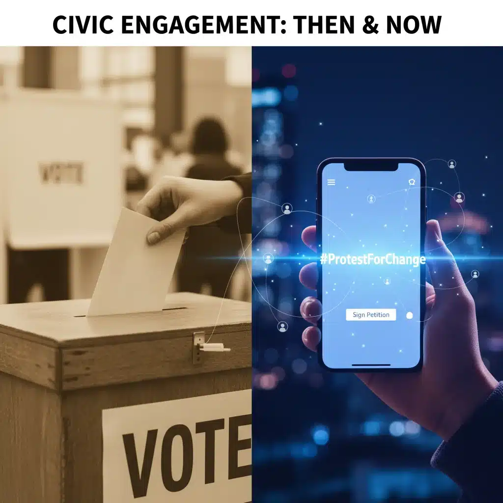 Traditional voting contrasted with modern digital activism and online participation