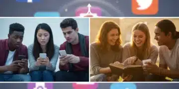 Youth looking at smartphones and interacting in person, symbolizing social media's impact.