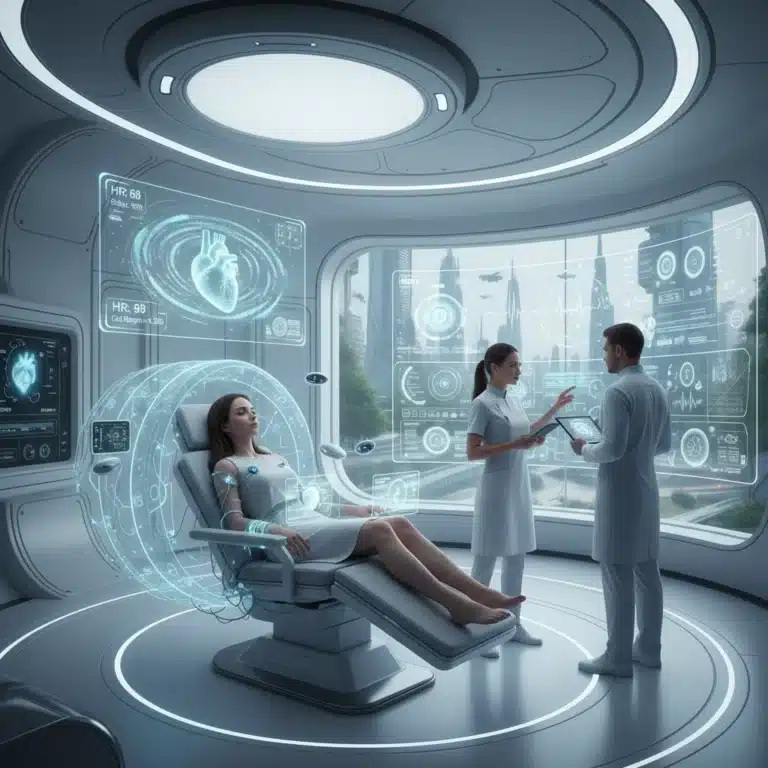 Bio-integrated technology transforming US healthcare in 2026, patient monitoring with advanced devices.