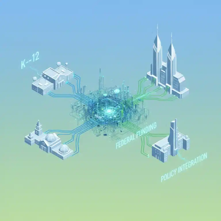 Futuristic illustration of connected K-12 and higher education institutions receiving federal funding.