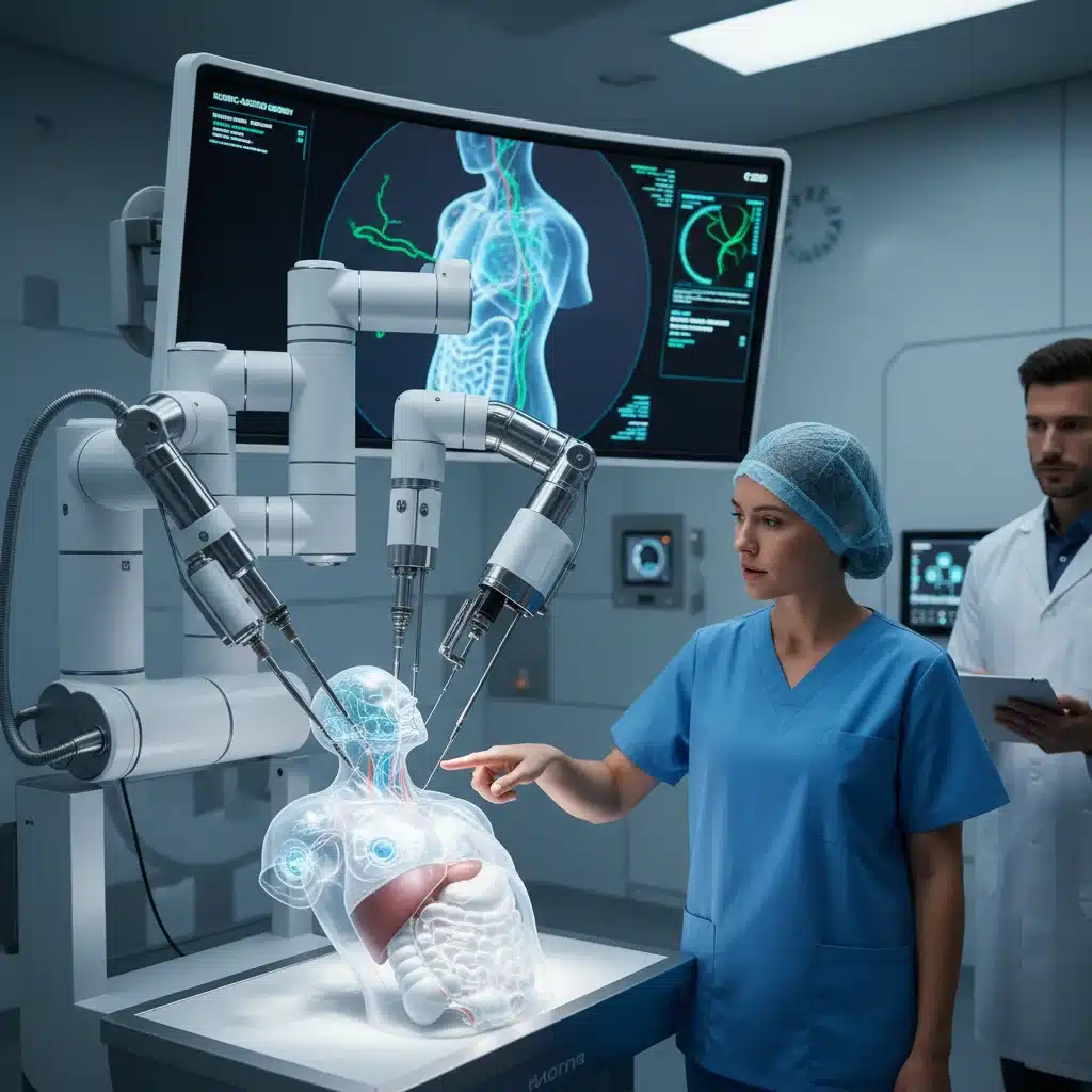 Minimally invasive surgical robot performing a delicate procedure with precision.